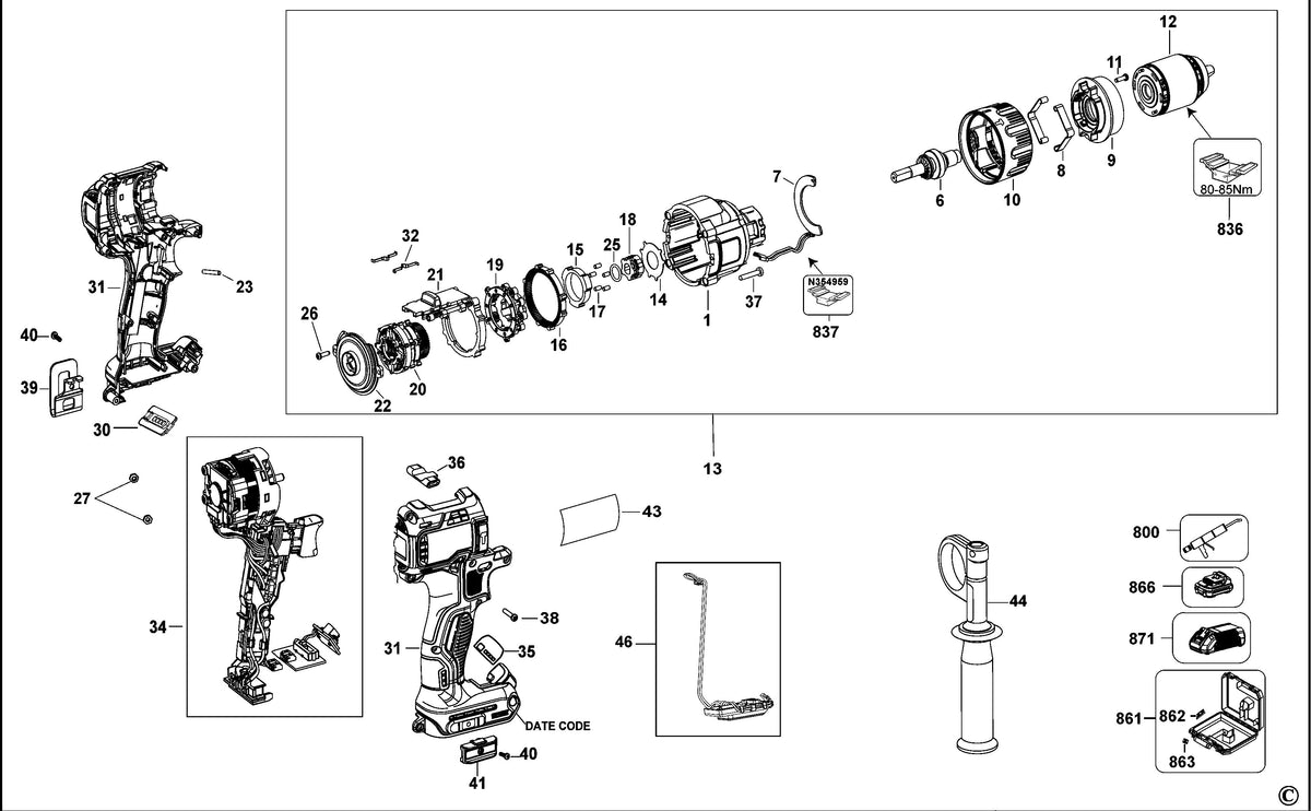 Vue éclatée DeWalt DCD992 Type 1 - planche 1