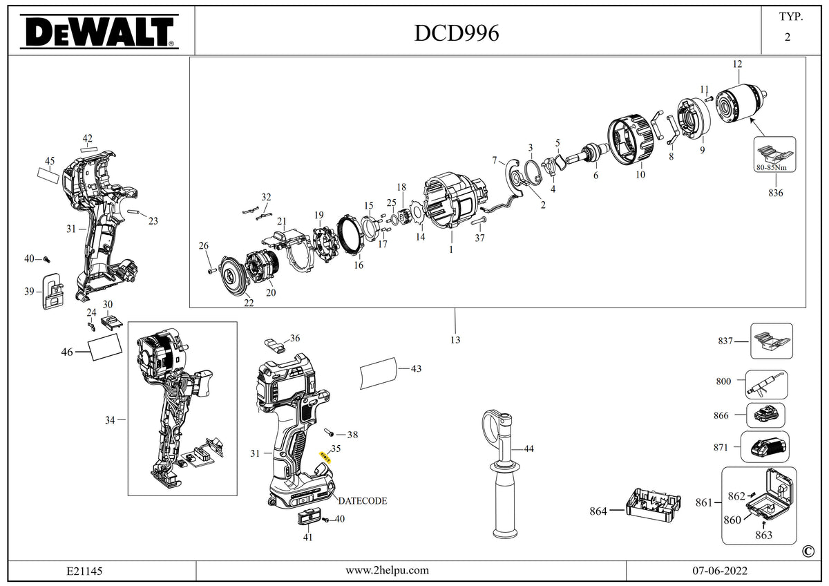 Vue éclatée DeWalt DCD996 Type 11 - planche 2