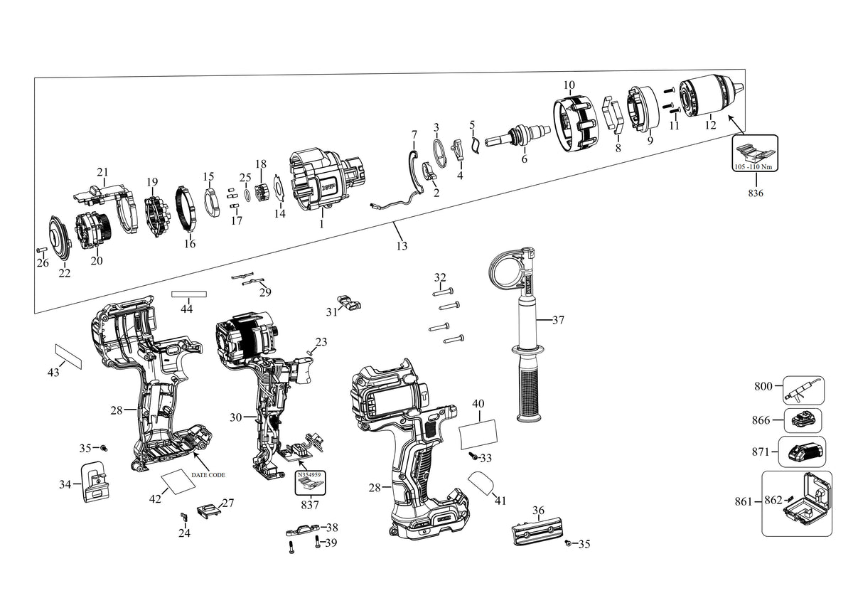 Vue éclatée DeWalt DCD999XILRT Type 1 - planche 1