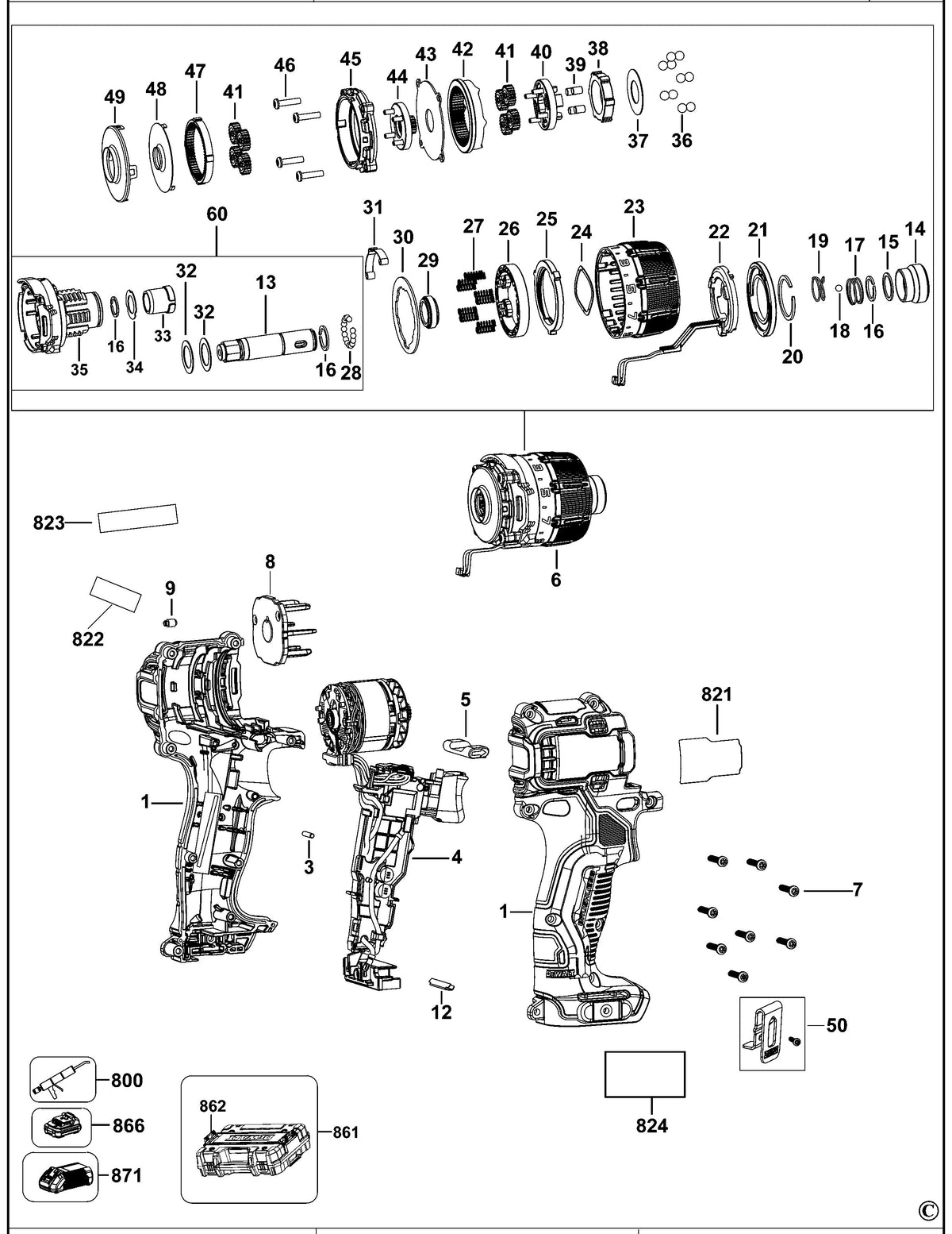 Vue éclatée DeWalt DCF601 Type 1 - planche 1