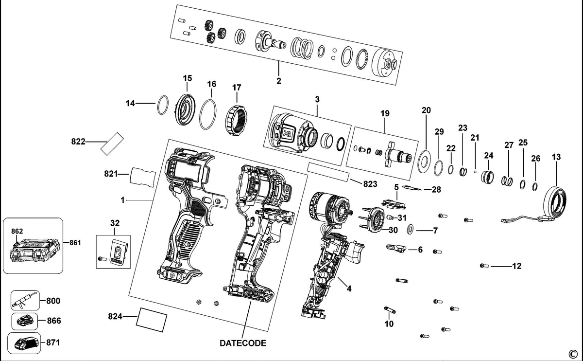 Vue éclatée DeWalt DCF801 Type 1 - planche 1