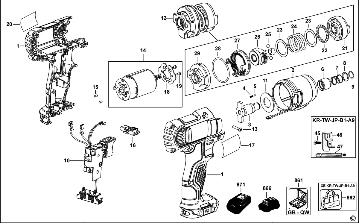 Vue éclatée DeWalt DCF815 Type 1 - planche 1