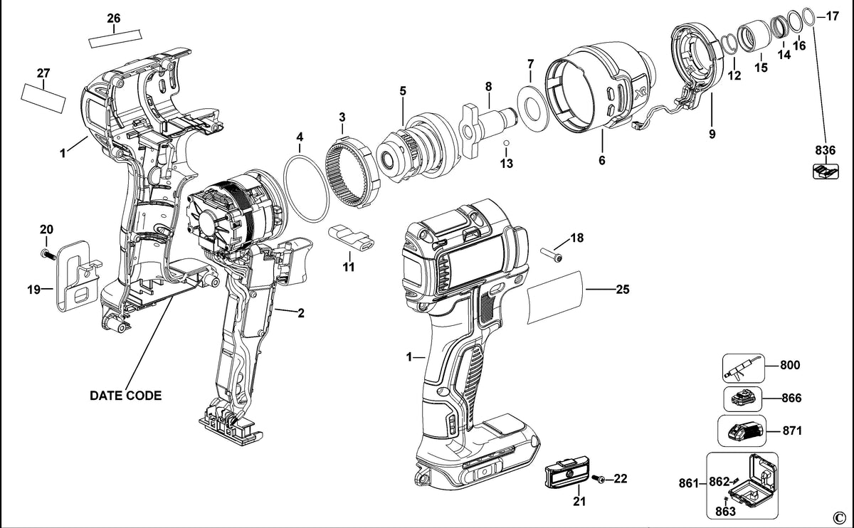 Vue éclatée DeWalt DCF836 Type 10 - planche 1