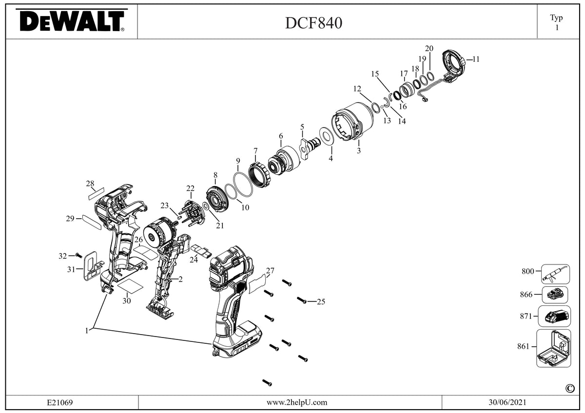 Vue éclatée DeWalt DCF840D2T Type 1 - planche 1