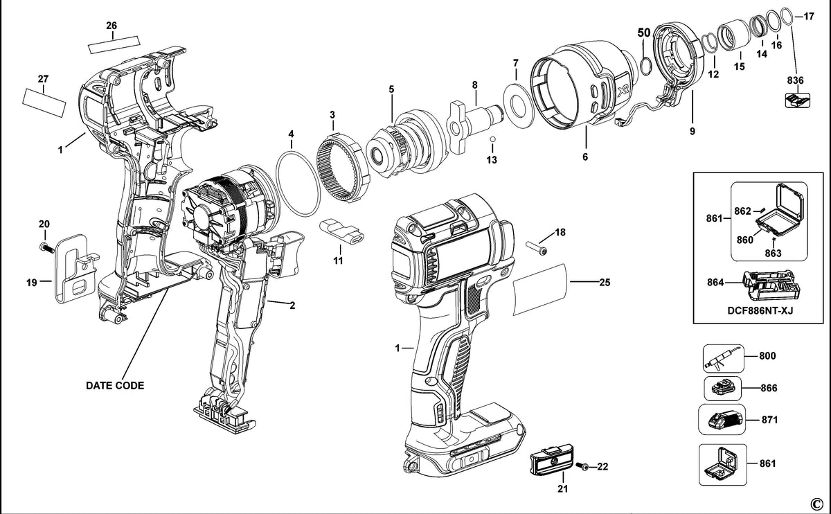Vue éclatée DeWalt DCF886 Type 10 - planche 1