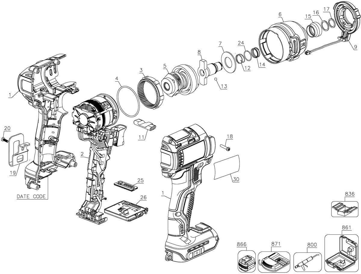Vue éclatée DeWalt DCF888N Type 1 - planche 1