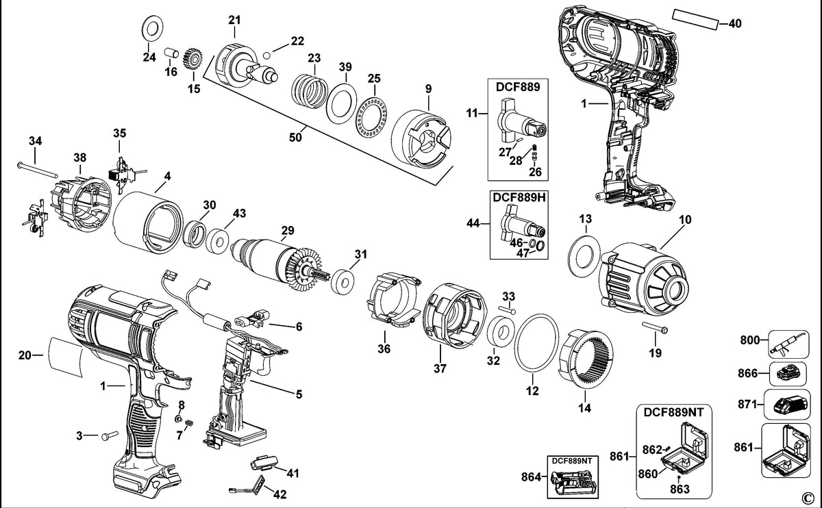 Vue éclatée DeWalt DCF889 Type 2 - planche 1