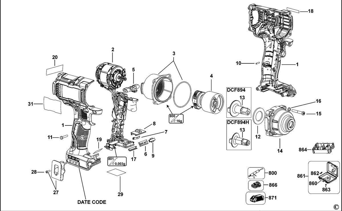 Vue éclatée DeWalt DCF894 Type 1 - planche 2