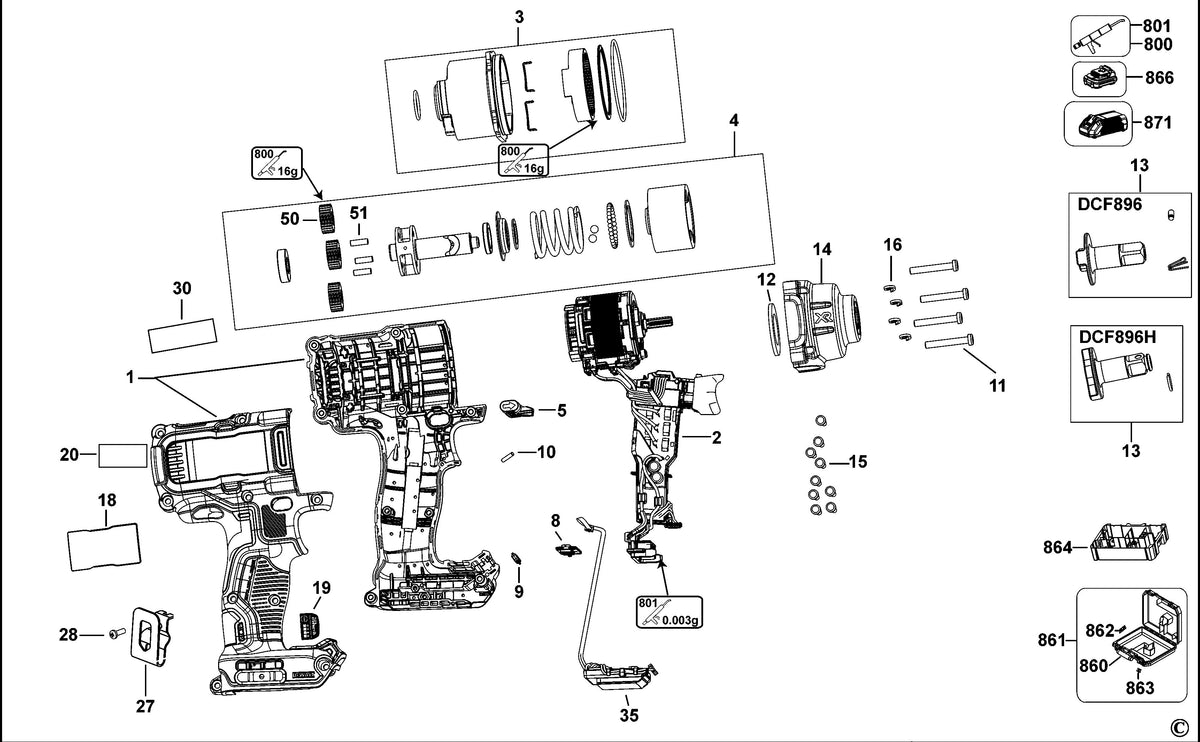 Vue éclatée DeWalt DCF896 Type 1 - planche 1
