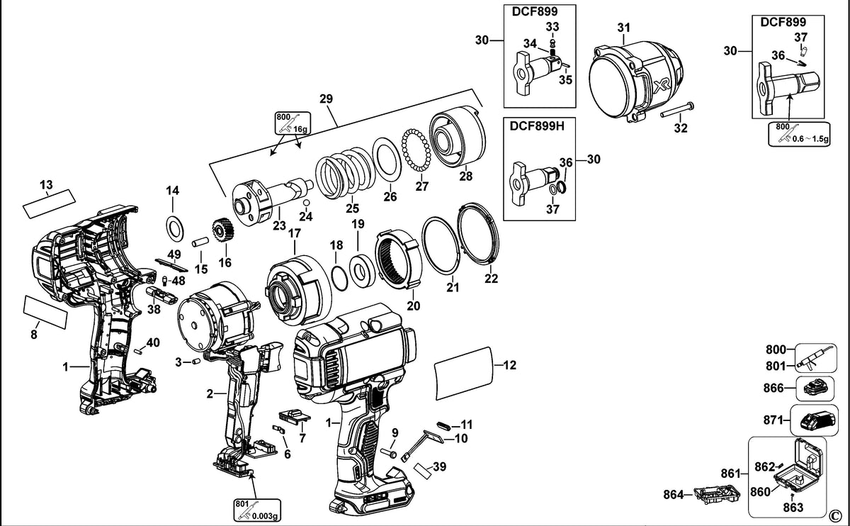 Vue éclatée DeWalt DCF899 Type 3 - planche 1