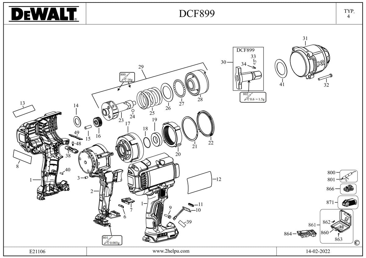 Vue éclatée DeWalt DCF899P2 Type 4 - planche 1