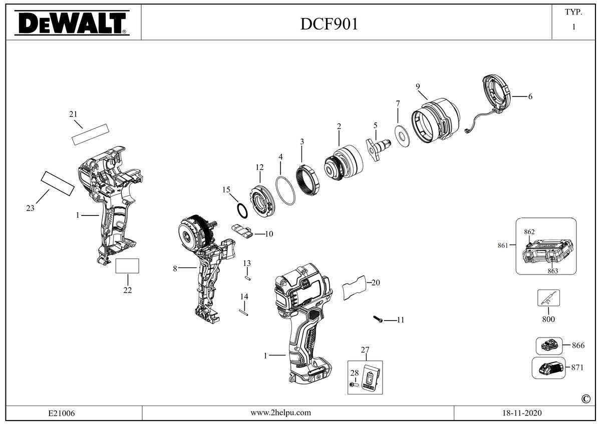 Vue éclatée DeWalt DCF901 Type 1 - planche 1