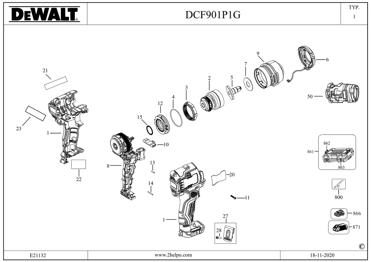 Vue éclatée DeWalt DCF901P1G Type 1 - planche 1