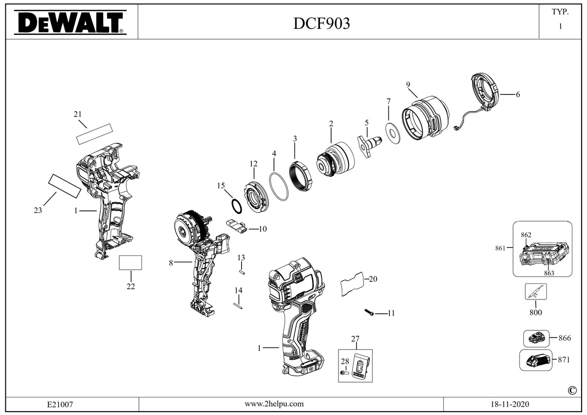 Vue éclatée DeWalt DCF903 Type 1 - planche 1