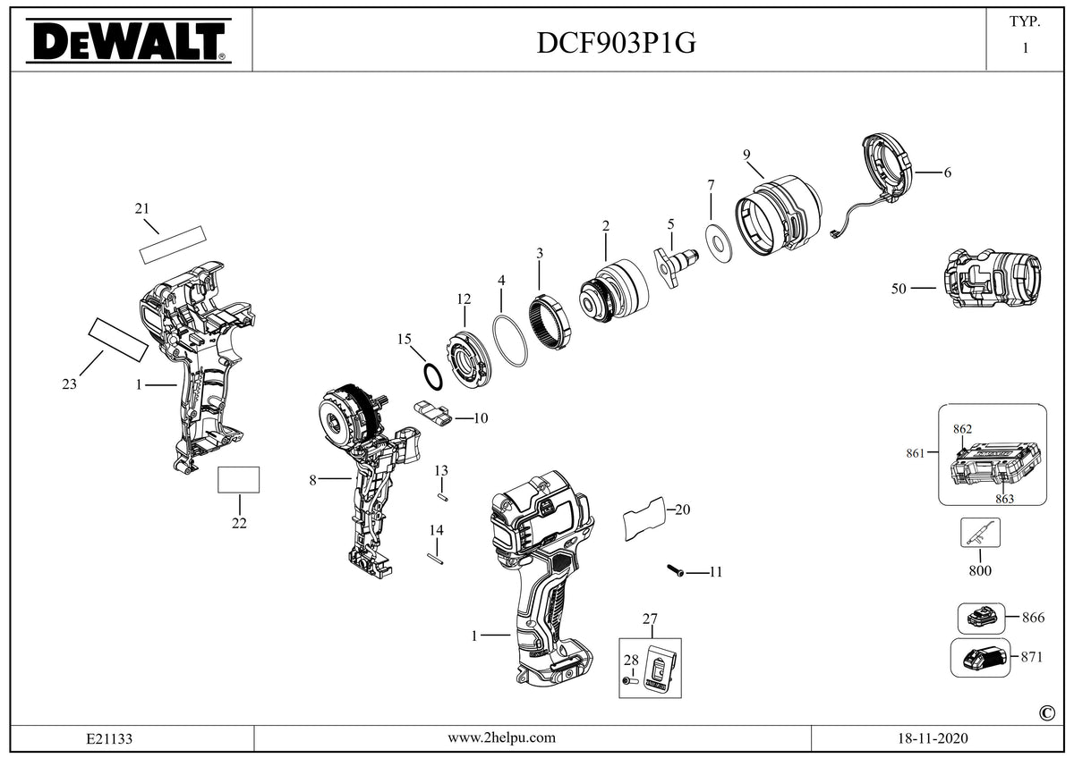 Vue éclatée DeWalt DCF903P1G Type 1 - planche 1