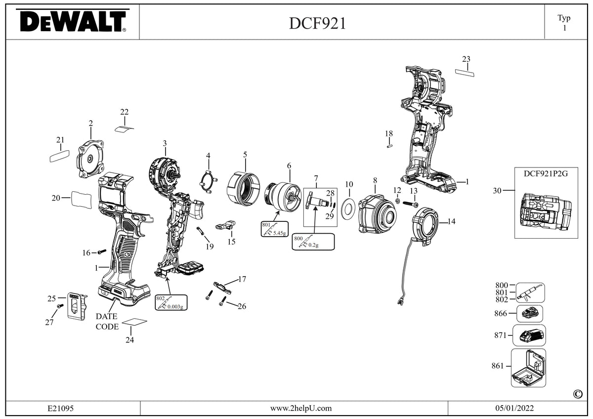 Vue éclatée DeWalt DCF921P2G Type 1 - planche 1