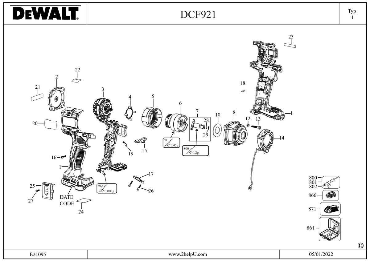 Vue éclatée DeWalt DCF921P2LRT Type 1 - planche 1