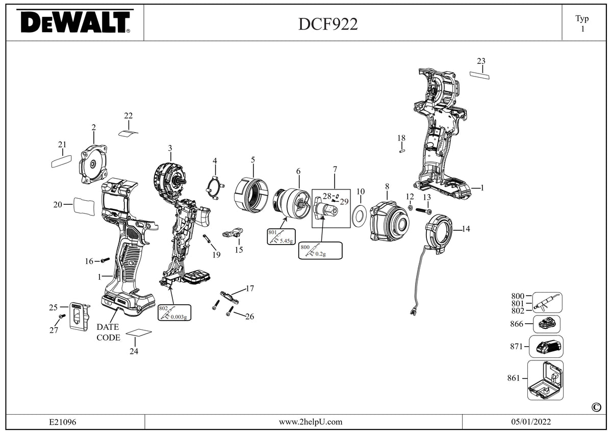 Vue éclatée DeWalt DCF922D2T Type 1 - planche 1