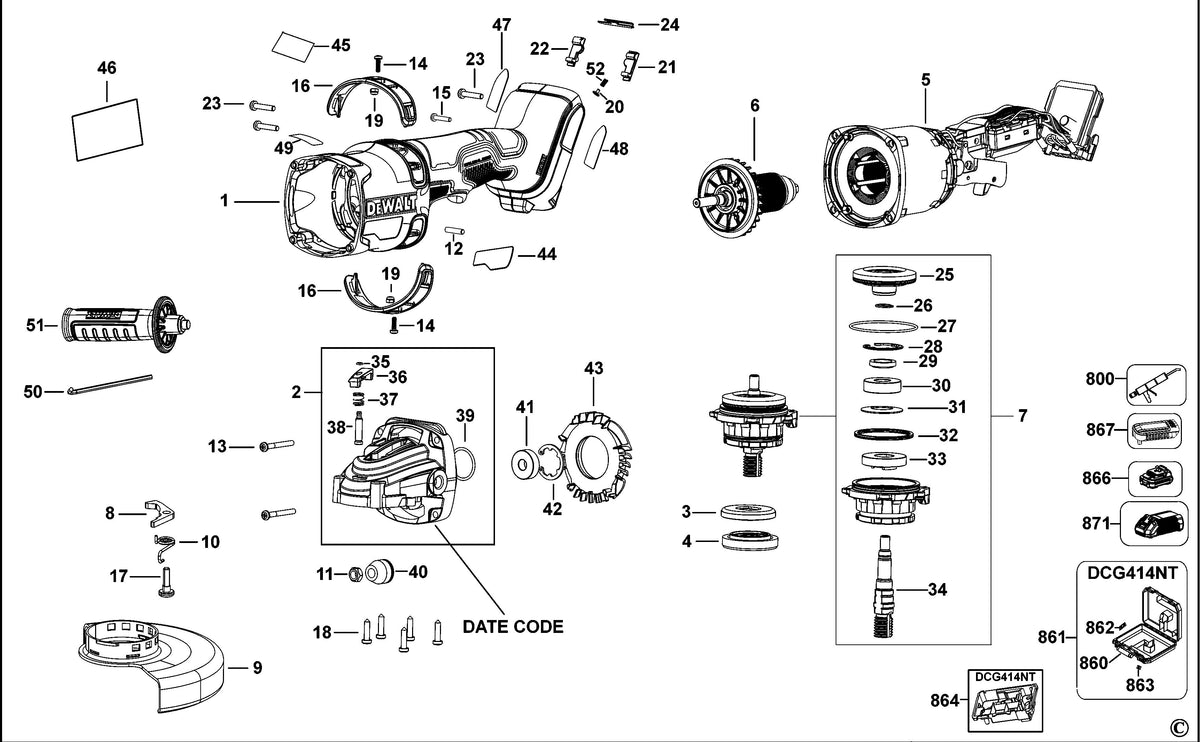 Vue éclatée DeWalt DCG414 Type 2 - planche 1