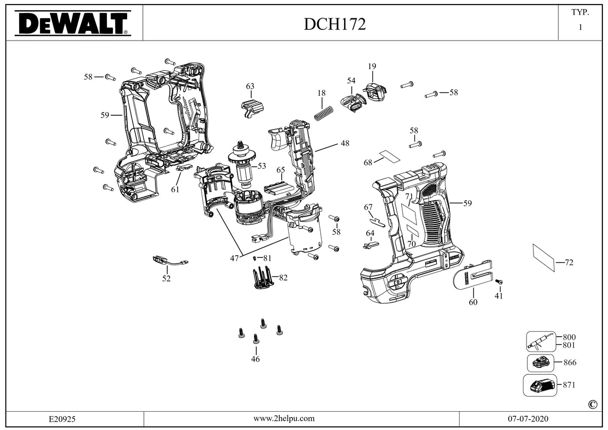 Vue éclatée DeWalt DCH172P2LR Type 1 - planche 1