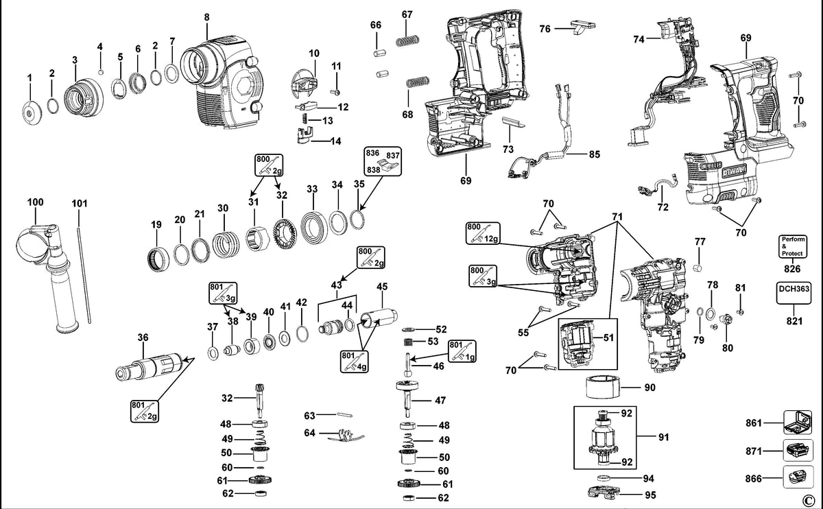 Vue éclatée DeWalt DCH363 Type 1 - planche 1