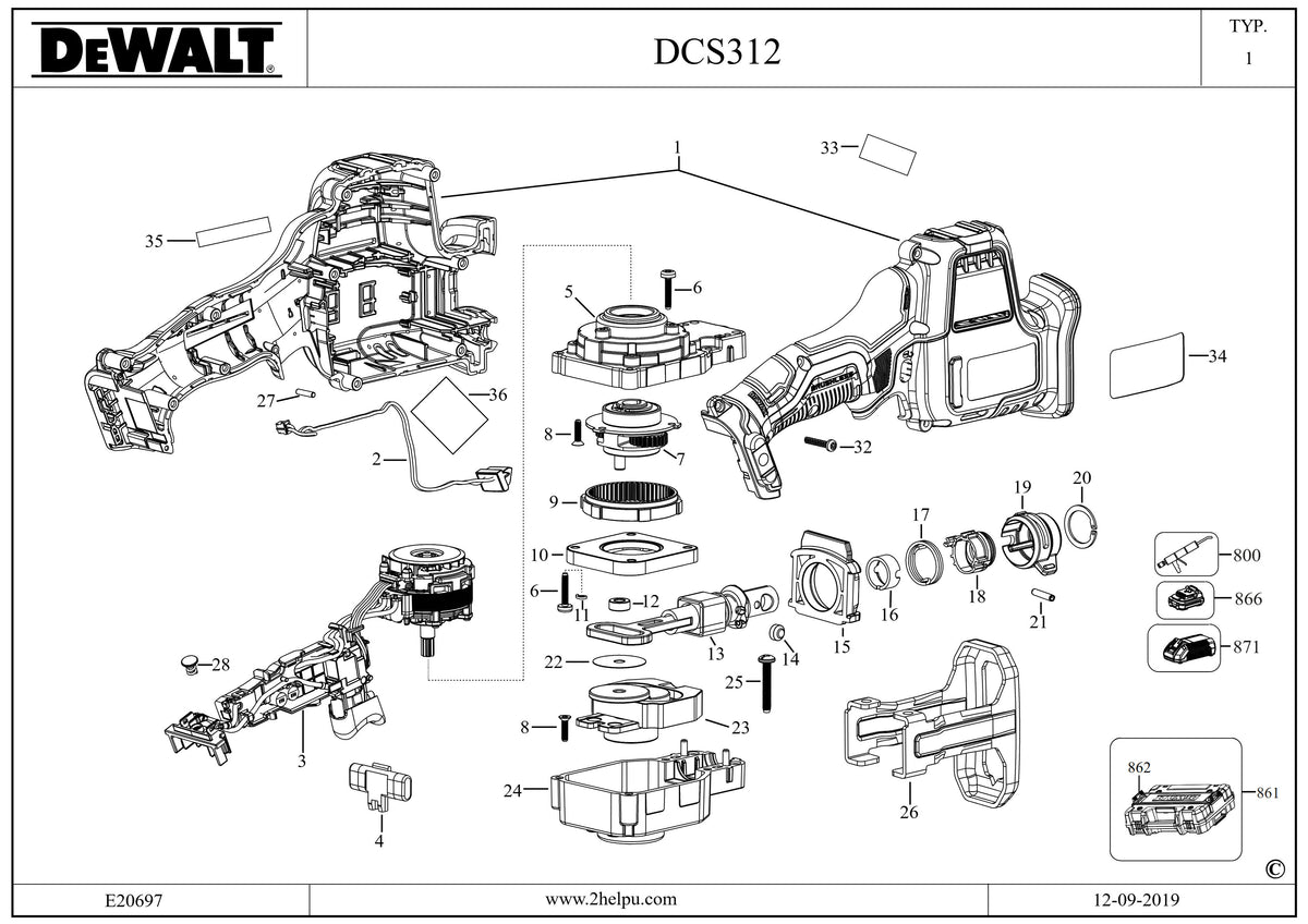 Vue éclatée DeWalt DCS312D2 Type 1 - planche 1