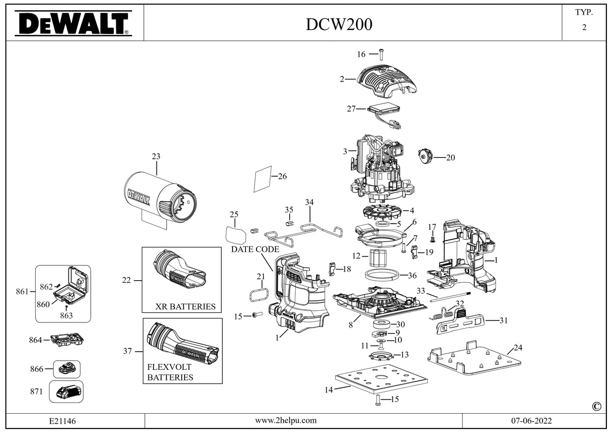 Vue éclatée DeWalt DCW200N Type 2 - planche 1