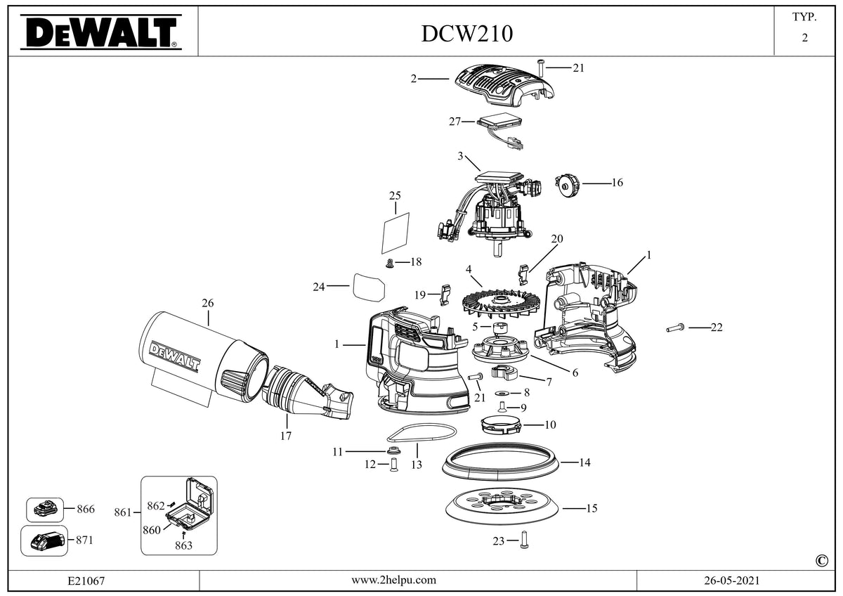 Vue éclatée DeWalt DCW210 Type 10 - planche 2