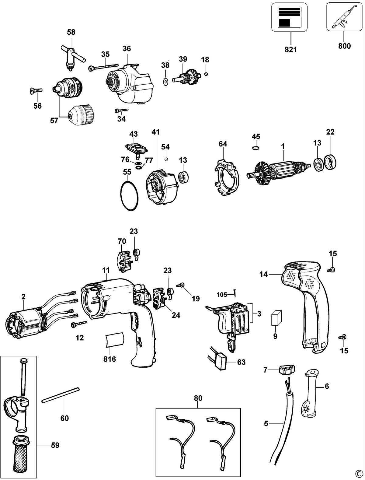 Vue éclatée DeWalt DW205 Type 2 - planche 1