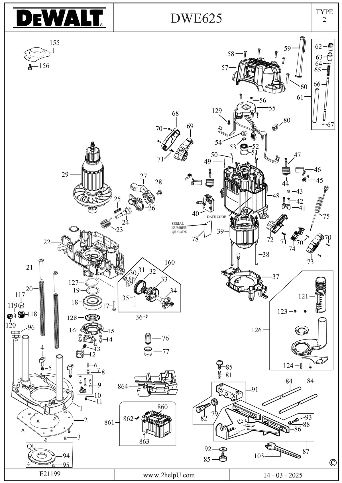 Vue éclatée DeWalt DWE625 Type 2 - planche 1