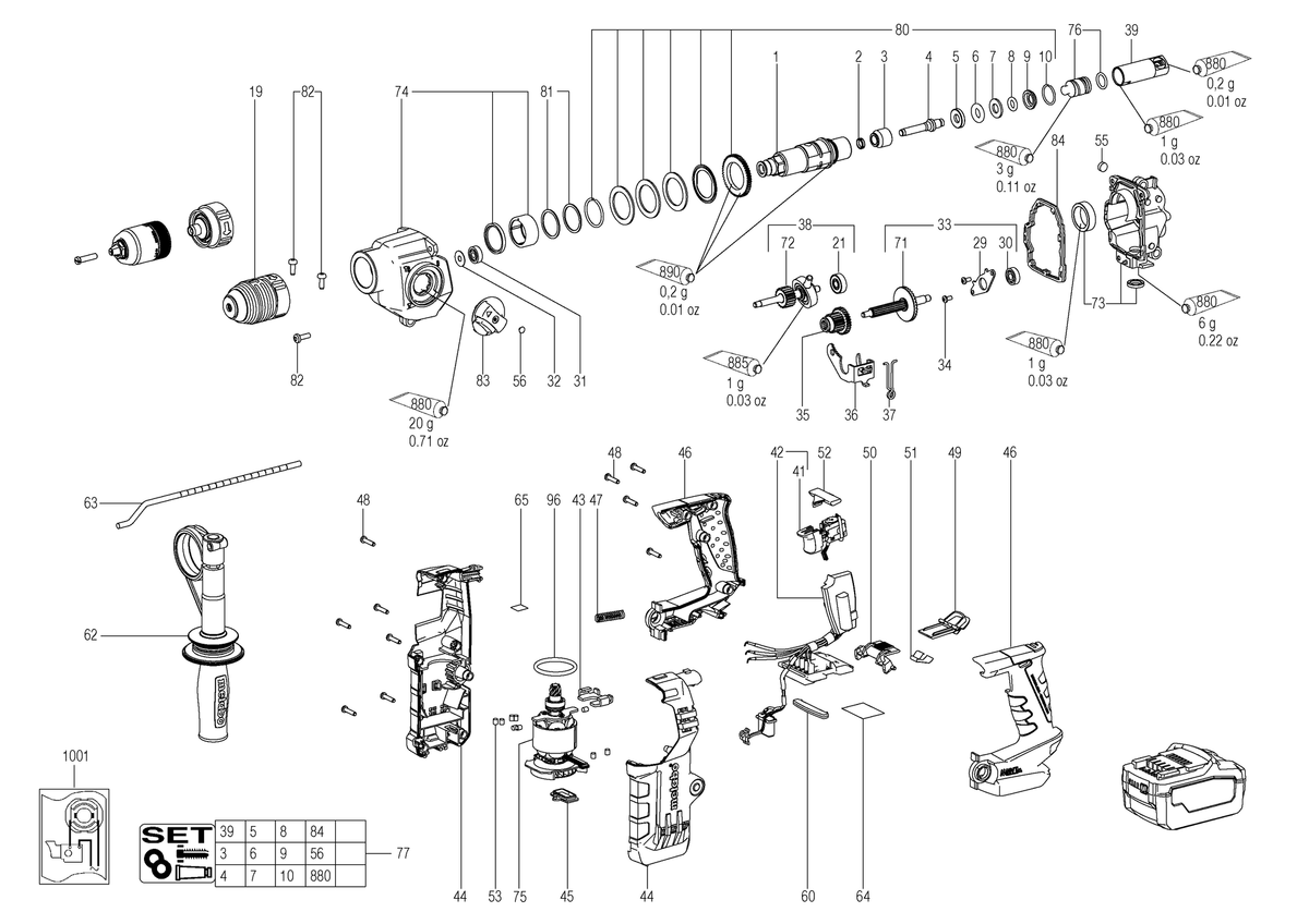 Vue éclatée Metabo KHA 18 LTX BL 24 Q SE 00149000 - page 1
