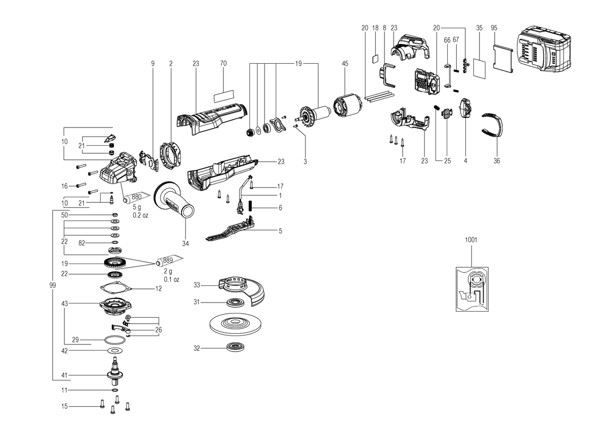 Vue éclatée Metabo WVPB 18 LT BL 11-125 Q 01738420 - page 1